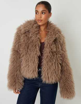 Threadbare Collared Faux Fur Coat In Neutral