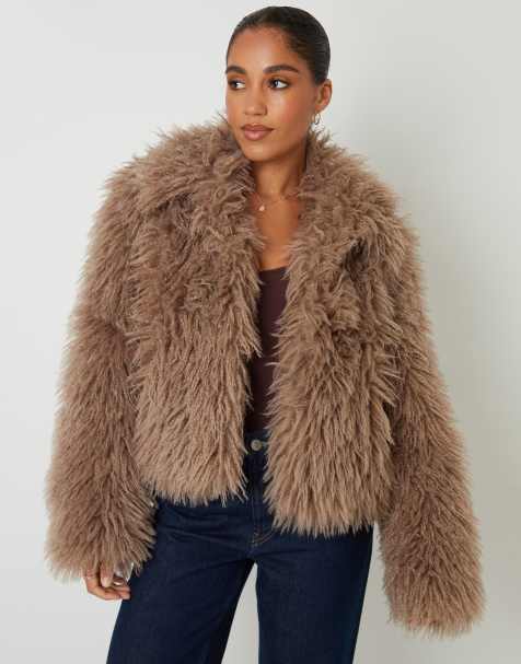 Threadbare Collared faux fur coat in taupe - view 1