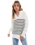 [Threadbare] Threadbare collared v neck oversized jumper in stripe-Black 6 BLACK