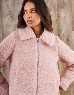 Threadbare Collared Zip Up Borg Bomber Jacket In Pink