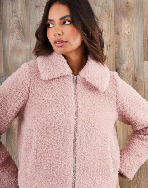 Threadbare Collared zip up borg bomber jacket in pink - view 1