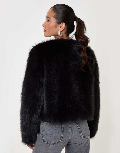 Threadbare Collarless faux fur jacket in black, 2 of 4