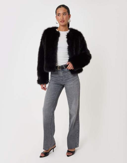 Threadbare Collarless faux fur jacket in black, 4 of 4
