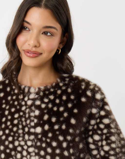 Threadbare collarless faux fur jacket in brown deer print, 3 of 4