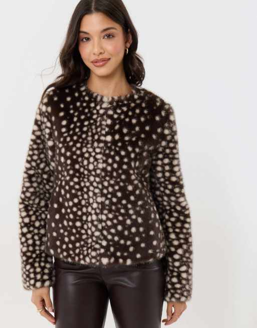 Threadbare collarless faux fur jacket in brown deer print, 4 of 4