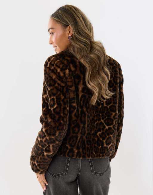 Threadbare Collarless faux fur jacket in leopard, 2 of 4