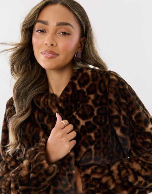 Threadbare Collarless faux fur jacket in leopard, 3 of 4