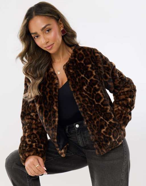 Threadbare Collarless faux fur jacket in leopard, 4 of 4