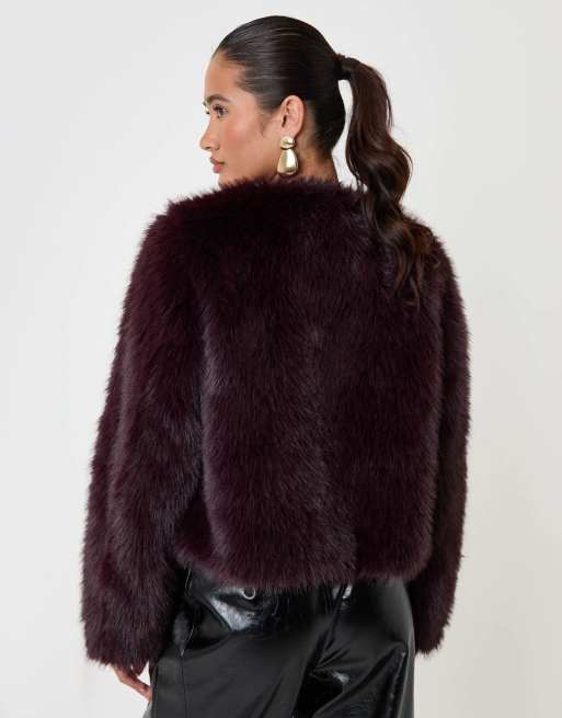 Threadbare Collarless faux fur jacket in purple, 2 of 4