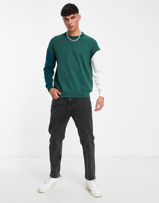 Threadbare color block sweater in dark green ASOS