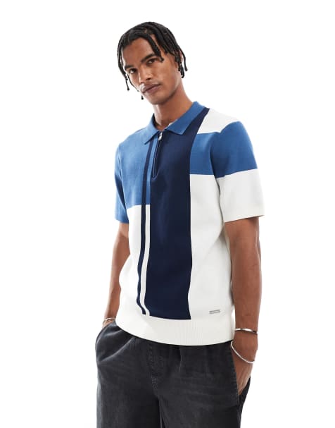 Threadbare Colourblock quarter zip knitted polo in navy - view 1