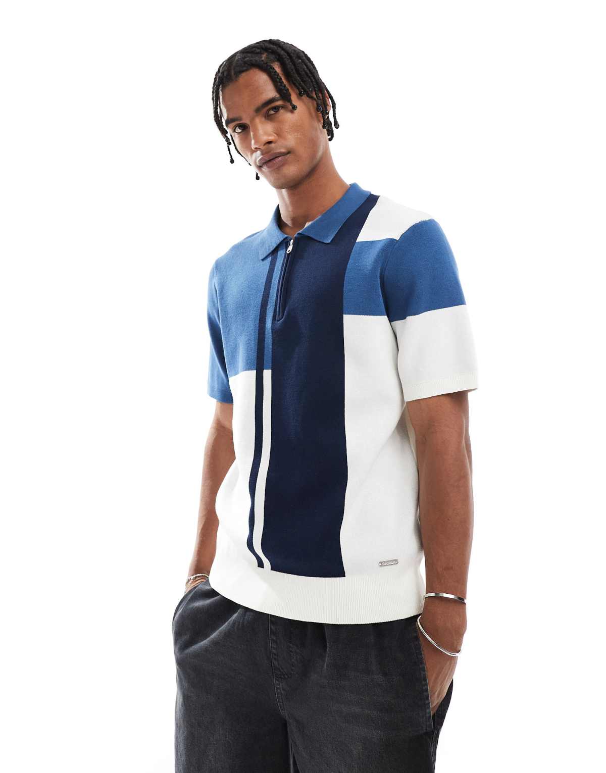 Threadbare Colourblock quarter zip knitted polo in navy