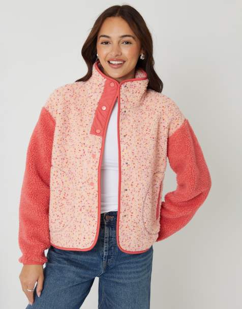 Threadbare Colourblock snap borg fleece in pink - view 1