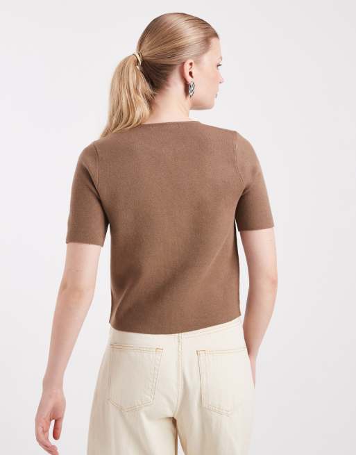 Threadbare - Compact gebreid vest met korte mouwen en contrasterende knopen in mokka, 4 van 4