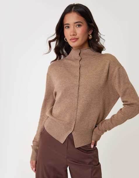 Threadbare Compact knit funnel neck cardigan in beige in beige - view 1
