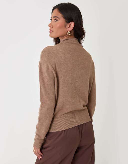 Threadbare Compact knit funnel neck cardigan in beige in beige, 2 of 5