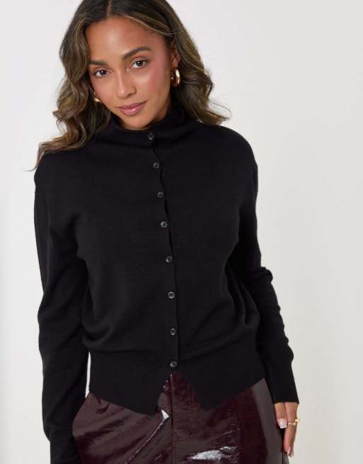 Threadbare Compact knit funnel neck cardigan in black, 4 of 5