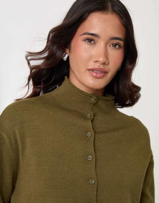 Threadbare Compact knit funnel neck cardigan in khaki, 3 of 5