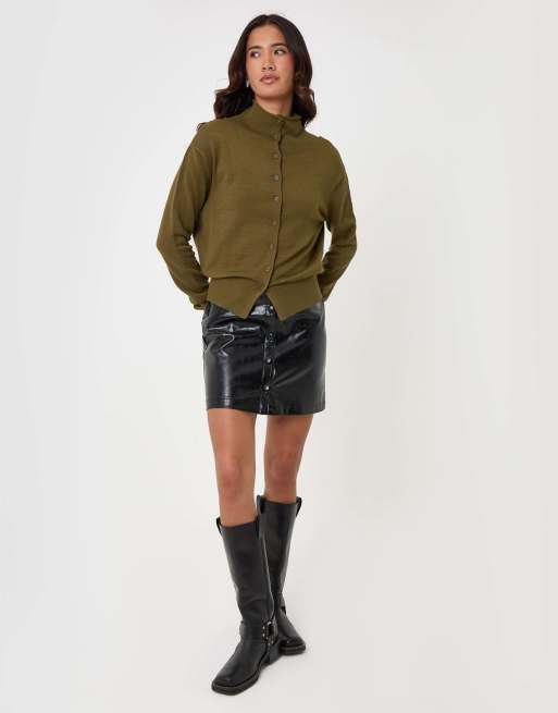 Threadbare Compact knit funnel neck cardigan in khaki, 4 of 5