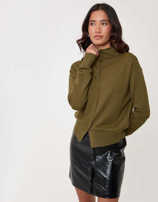 Threadbare Compact knit funnel neck cardigan in khaki, 5 of 5