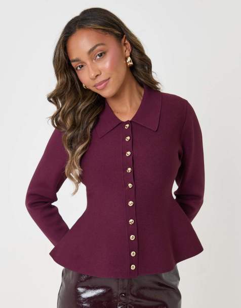 Threadbare Compact knit peplum cardigan in plum - view 1