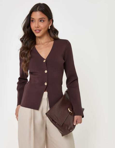 Threadbare Compact knit v neck cardigan in chocolate brown - view 1
