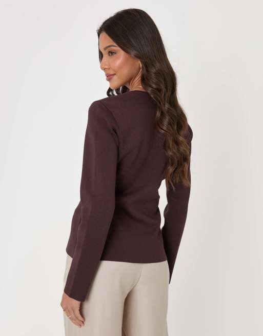 Threadbare Compact knit v neck cardigan in chocolate brown, 2 of 5