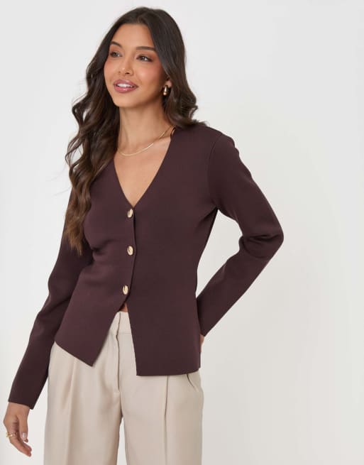 Threadbare Compact knit v neck cardigan in chocolate brown, 3 of 5