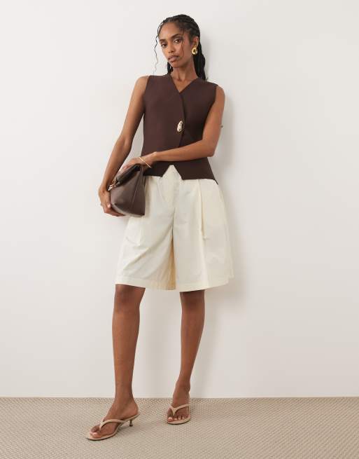 Threadbare compact knit waistcoat with gold button in chocolate brown, 2 of 4