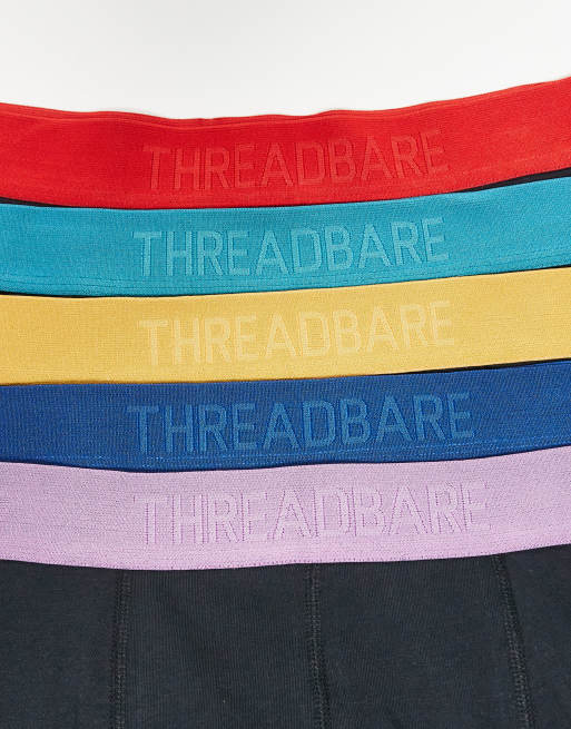 Threadbare - Confezione da 5 boxer a vita bassa neri con fascia in vita a contrasto con logo, 2 di 3
