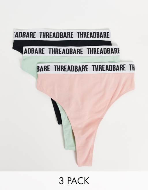 Threadbare - Confezione da tre perizomi a vita alta con logo, colore rosa, verde e nero