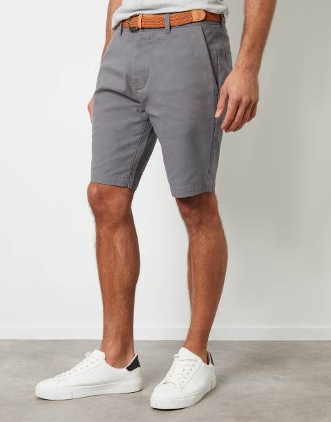 Threadbare 'conta' cotton turn-up chino shorts with woven belt in mid grey
