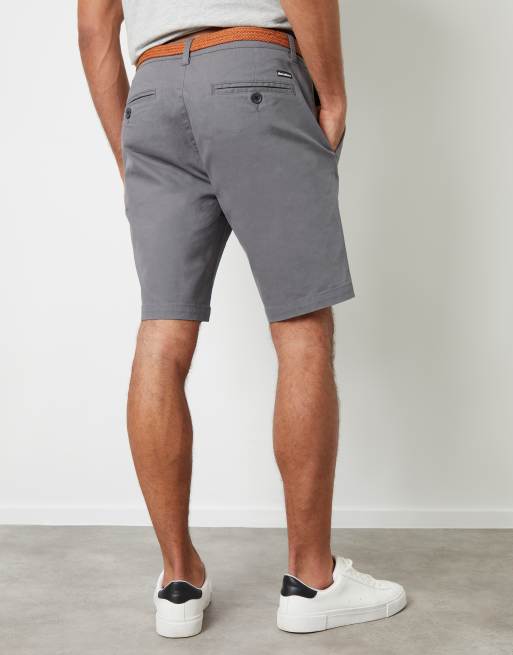 Threadbare 'conta' cotton turn-up chino shorts with woven belt in mid grey, 2 of 4