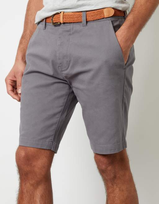Threadbare 'conta' cotton turn-up chino shorts with woven belt in mid grey, 3 of 4
