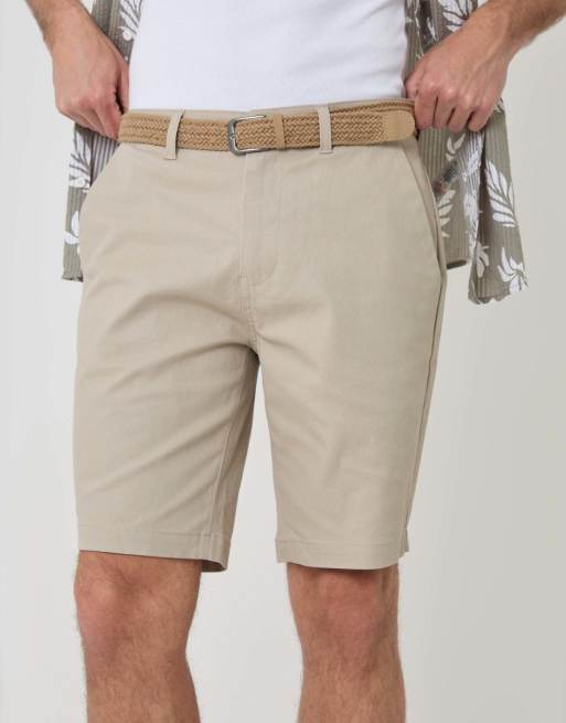 Threadbare 'conta' cotton turn-up chino shorts with woven belt in stone, 3 of 4