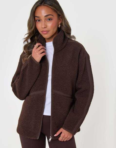 Threadbare Contrast binding funnel neck fleece in chocolate brown - view 1