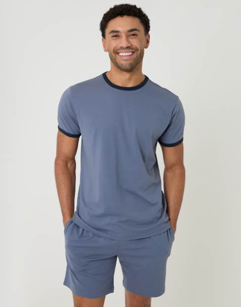 Threadbare Contrast binding short lounge set in blue - view 1