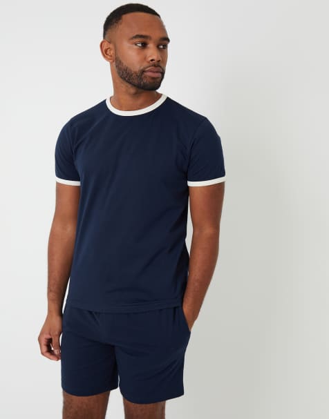 Threadbare Contrast binding short lounge set in navy - view 1