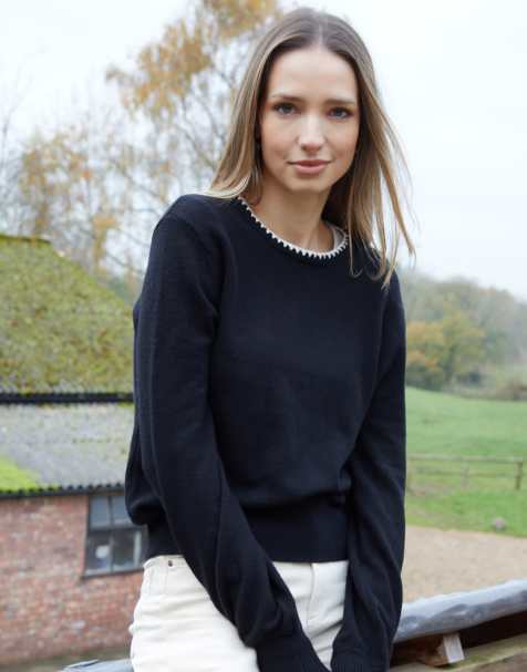 Threadbare Contrast edge balloon sleeve knitted jumper in black - view 1