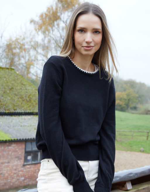 Threadbare Contrast edge balloon sleeve knitted jumper in black