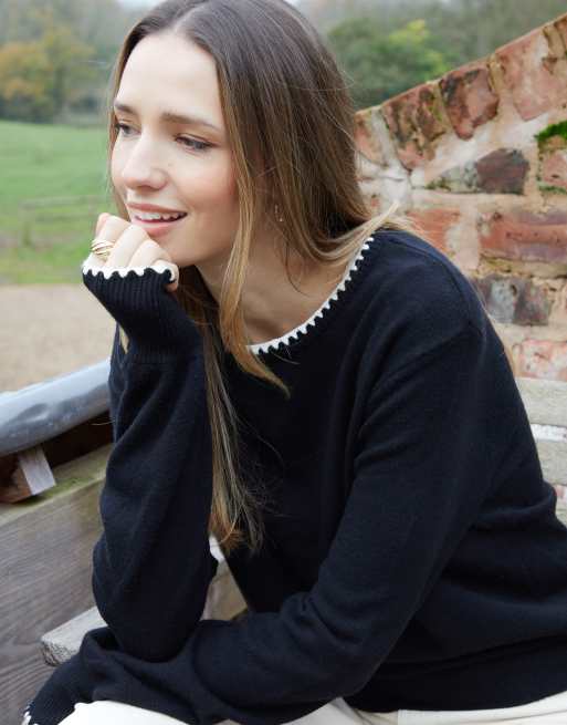 Threadbare Contrast edge balloon sleeve knitted jumper in black, 3 of 4