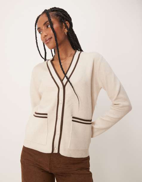 Threadbare Contrast edge knitted cardigan in stone - view 1
