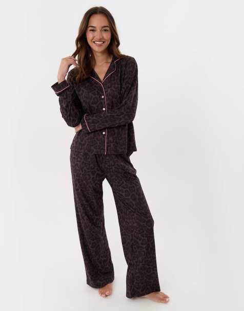 Threadbare Contrast piping pyjama set in leopard - view 1
