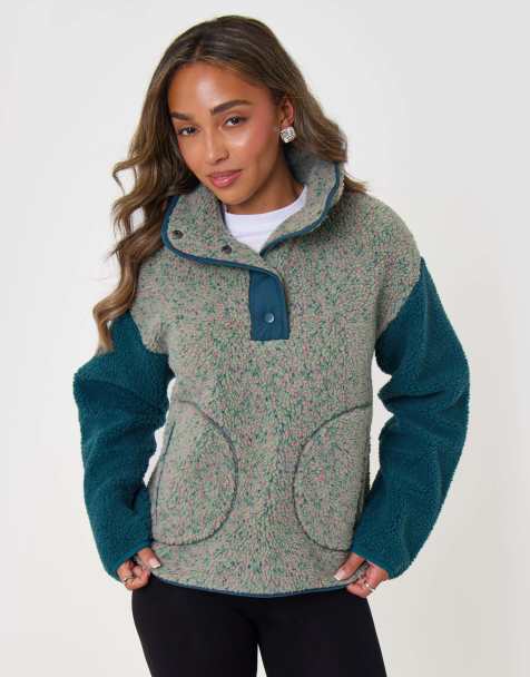 Threadbare Contrast sleeve funnel neck fleece in green - view 1