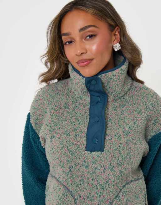 Threadbare Contrast sleeve funnel neck fleece in green, 3 of 5