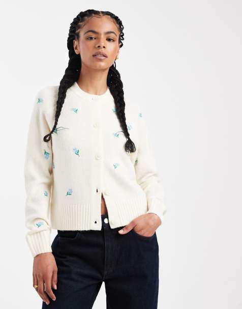Threadbare contrast stitch cardigan with all-over floral embroidery in ecru - view 1
