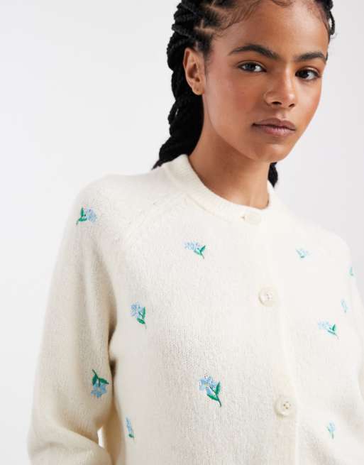 Threadbare contrast stitch cardigan with all-over floral embroidery in ecru, 2 of 4