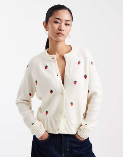 Threadbare contrast stitch cardigan with all over strawberry embroidery in ecru - view 1