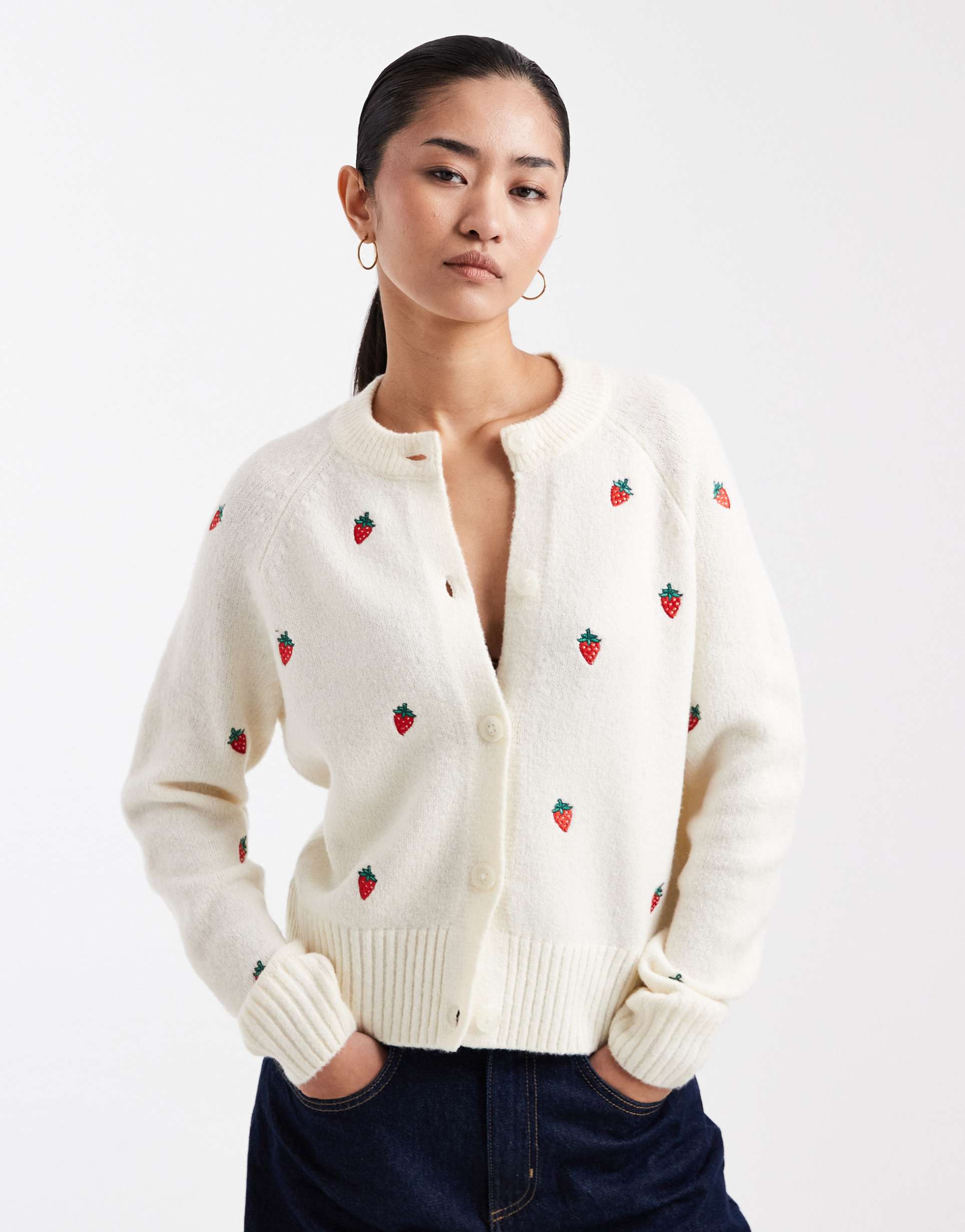 threadbare contrast stitch cardigan with all over strawberry embroidery in ecru