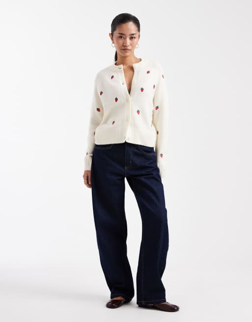 Threadbare contrast stitch cardigan with all over strawberry embroidery in ecru, 2 of 4